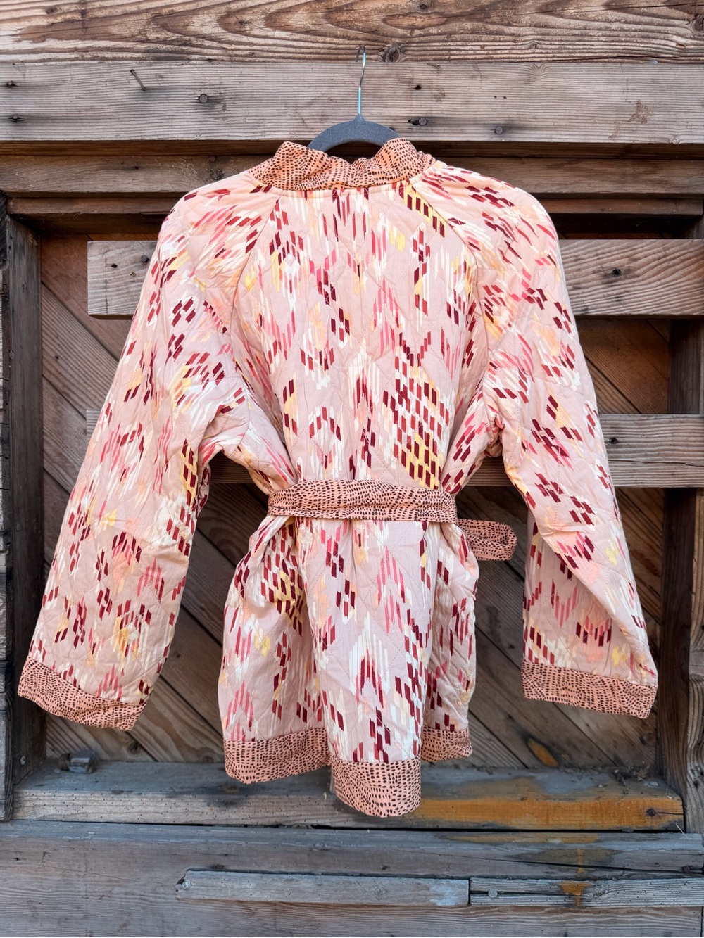 Knox Rose Pink Patterned Open-Front Cardigan with Coral & Burgundy Accents - Picture 5 of 5